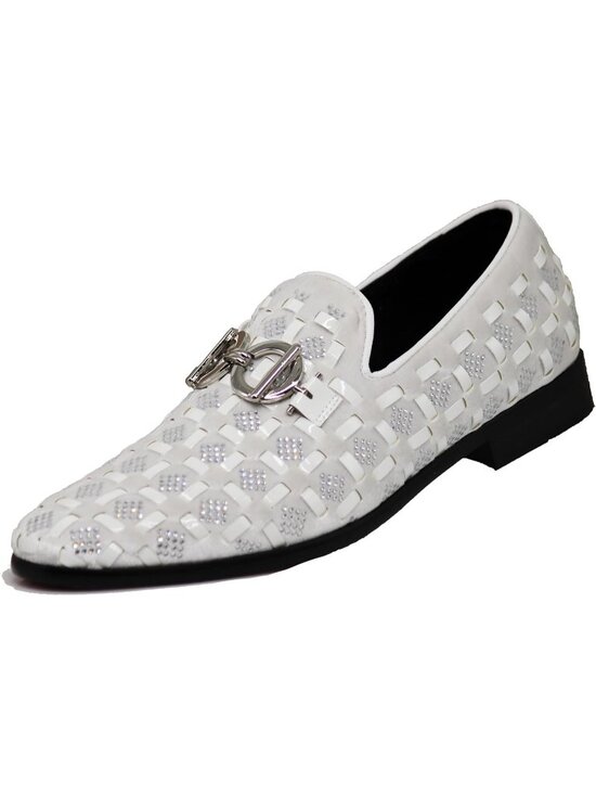 PARRAZO Men\'s White Glitter Rhinestone Loafers Metal Buckle Slip On Formal Shoes